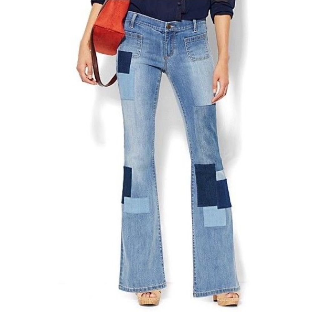 New York & Company Blue Patchwork Flare Jeans